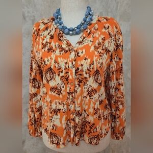 Frye Boho Blouse Orange Floral Print Peasant Top Button Front Small